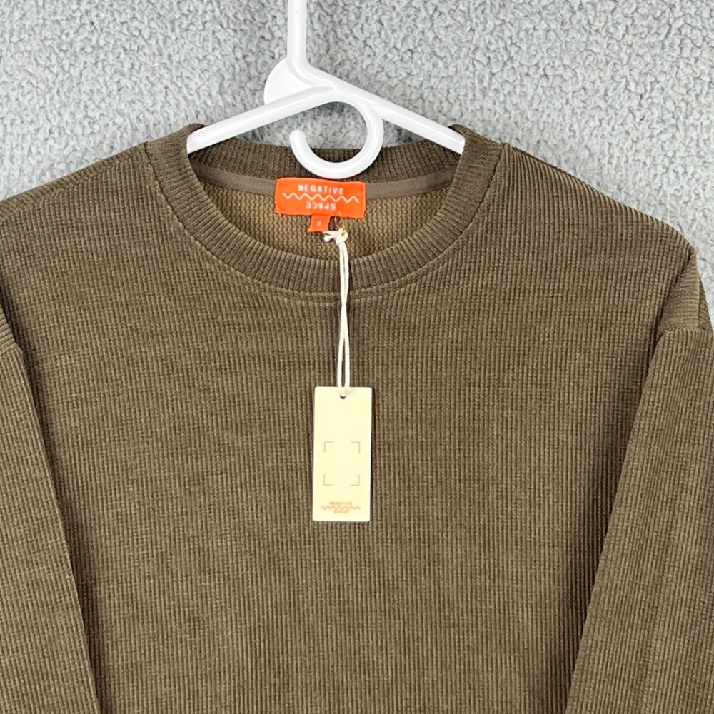 Negative Space Mens Small Olive Brown Ribbed Corduroy Crewneck Sweatshirt NWT - Picture 2 of 10
